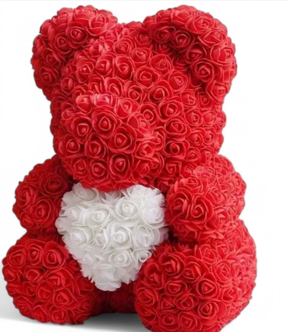 Jumbo Faux Rose Bear (Red & White)